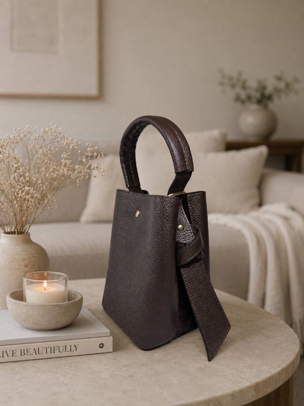 Dark Brown Italian Leather Bucket Bag, Genuine Leather Handbag